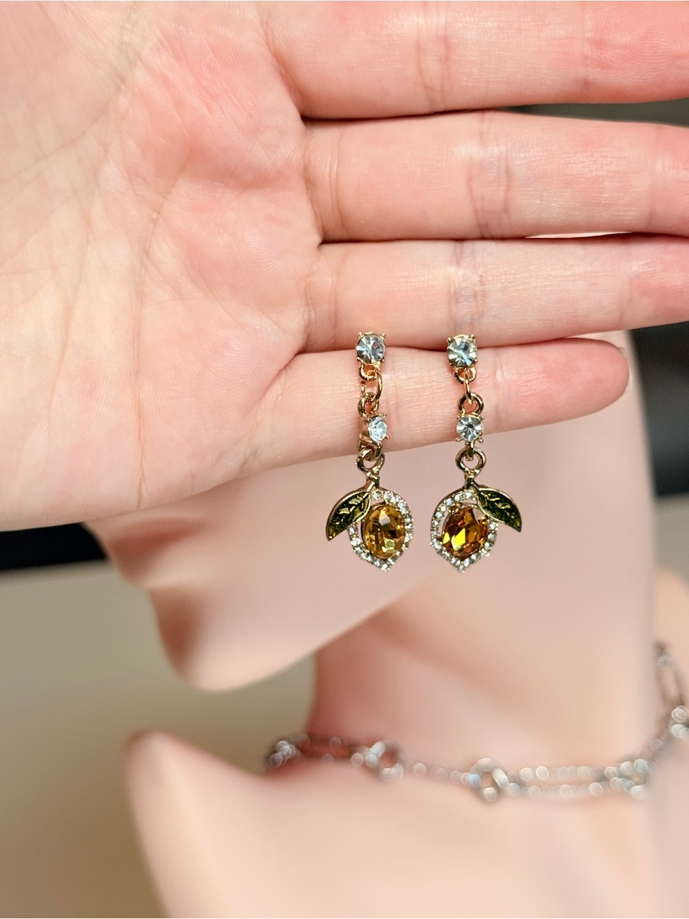 Gold Drop Earrings with Amber Crystal and Green Leaf - Picture 14 of 14